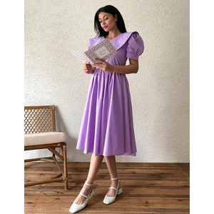 Lila Büyük Yakalı Kloş Poplin Elbise