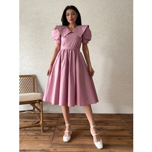 Küçüğüm Butik Gül Kurusu Büyük Yakalı Kloş Poplin Elbise