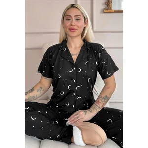 Pijama Evi Siyah Twilight Glow Desenli Bambu Önden Düğmeli Kısa Kol Pijama Takımı