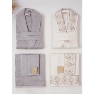 ELİTE 6 PARÇA AİLE BORNOZ SETİ Gümüş-Krem/Pudra