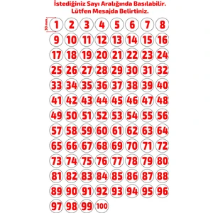 Dijital Barkod Sayı Etiketi Sayı Sticker Numara Etiketi 1'den 100'E Kadar Kırmızı 30MM Çap Kuşe Kağıt