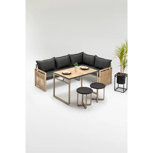 Wood House Monisa (Masa ve Puflu) Köşe Takımı Siyah-Kahve (Balkon-Bahçe-Mutfak)