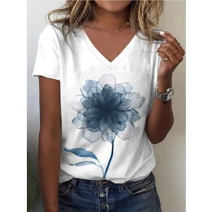 Kadın V Yaka  Baskılı Beyaz Oversize T-Shirt Salaş