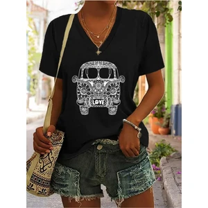 Kadın Baskılı Kadın Oversize V Yaka T-Shirt Salaş