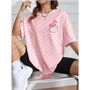 Cepte Flamingo Baskılı Kadın Oversize Salas T-Shirt Boyfriend