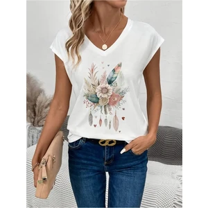 Çiçek Baskılı Oversize V-Yaka T-Shirt Salaş Boyfirend
