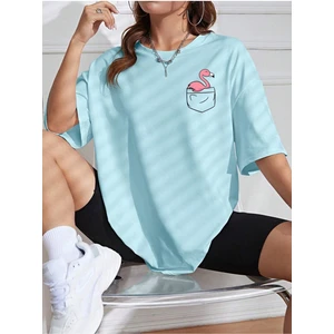 Cepte Flamingo Baskılı Kadın Oversize Salas T-Shirt Boyfriend