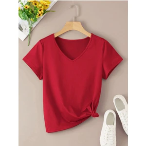 Kadın V Yaka Baskılı & Düz Beyaz Oversize T-Shirt Salaş Boyfirend