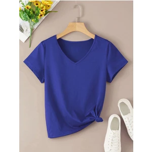 Kadın V Yaka Baskılı & Düz Beyaz Oversize T-Shirt Salaş Boyfirend