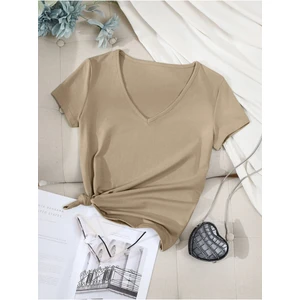 Kadın V Yaka Baskılı & Düz Beyaz Oversize T-Shirt Salaş Boyfirend