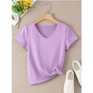Kadın V Yaka Baskılı & Düz Beyaz Oversize T-Shirt Salaş Boyfirend