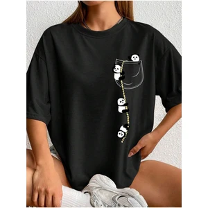 Cepte Panda Baskılı Kadın Oversize Salas T-Shirt Boyfriend