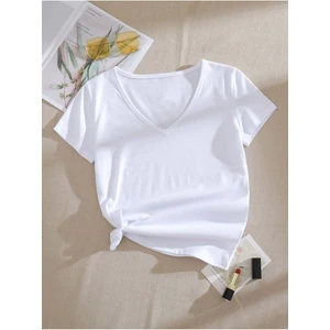 Kadın V Yaka Baskılı & Düz Beyaz Oversize T-Shirt Salaş Boyfirend