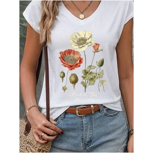 Çiçek Baskılı Oversize V-Yaka T-Shirt Salaş Boyfirend