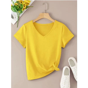 Kadın V Yaka Baskılı & Düz Beyaz Oversize T-Shirt Salaş Boyfirend