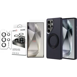 Galaxy S25 Ultra Kılıf Magsafe Şarj Özellikli Karbon Fiber Görünümlü Zore Standlı Troy Kapak + Kamera Lens + Nano Ekran Koruyucu