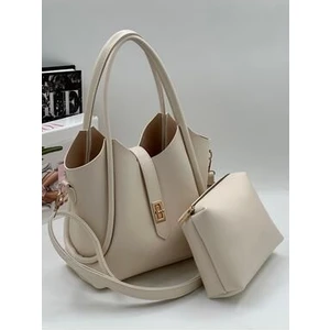 Demir Toka Kemerli Çift Askılı Makyaj Çantalı Zarif Suni Deri Kadın El ve Omuz Çantası