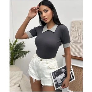 Kadın Antrasit Polo Yaka Fitilli Örme Bluz