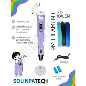 3D Kalem 3D Pen USB Kablolu Üç Boyutlu Yazıcı Kalem Printer-Mor (3 Adet 3M Filament -9Metre-)