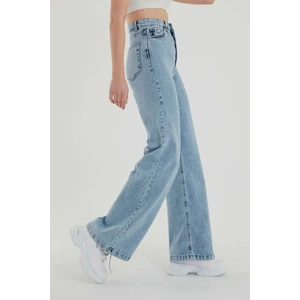 Kar Mavi Yüksek Bel Salaş Pantolon, Geniş Paça Pantolon, Bol Paça Pantalon Yıkamalı Palazzo 2024