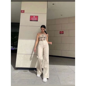 Palazzo Bej Trend Bol Paça Yüksek Bel Kadın Kot Pantolon