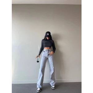 Likralı Salaş Kadın Mavi Kar Yıkama Süper Yüksek Bel Salaş Paça Denim Kot Pantolon