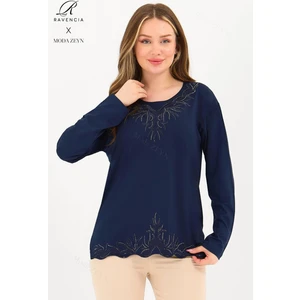 Kadın Orta Yaş ve Üzeri Viskon Yaka Etek Taşlı Işlemeli Likralı Lacivert Anne Penye Bluz