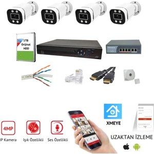 7/24 Renkli Görüşlü Mikrofonlu 4MP WARMLED 4'LÜ IP Kamera Seti