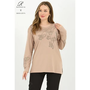 Kadın Orta Yaş ve Üzeri Viskon Gonca Yaprak Desenli Taşlı Işlemeli Likralı Bej Anne Penye Bluz
