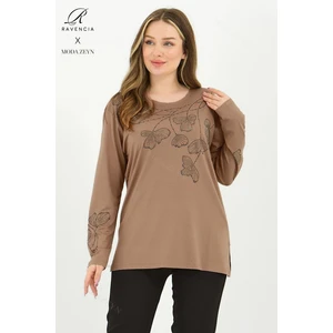 Kadın Orta Yaş ve Üzeri Viskon Gonca Yaprak Desenli Taşlı Likralı Hardal Anne Penye Bluz