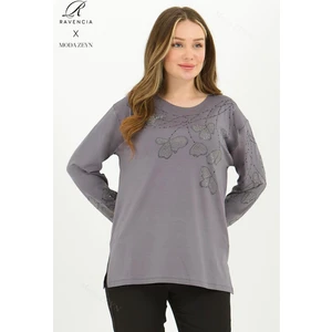 Kadın Orta Yaş ve Üzeri Viskon Gonca Yaprak Desenli Taşlı Işlemeli Likralı Gri Anne Penye Bluz