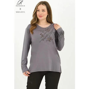 Kadın Orta Yaş ve Üzeri Viskon Renkli Yaprak Desenli Taşlı Işlemeli Likralı Gri Anne Penye Bluz