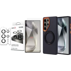 Galaxy S25 Ultra Kılıf Magsafe Şarj Özellikli Karbon Fiber Görünümlü Zore Standlı Troy Kapak + Kamera Lens + Nano Ekran Koruyucu