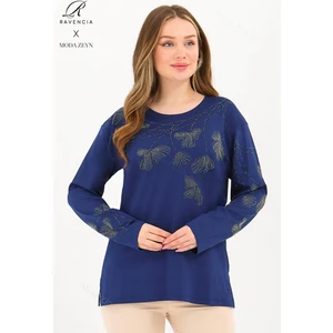 Kadın Orta Yaş ve Üzeri Viskon Gonca Yaprak Desenli Taşlı Işlemeli Likralı Indigo Anne Penye Bluz