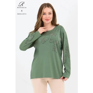 Kadın Orta Yaş ve Üzeri Viskon Gonca Yaprak Desenli Taşlı Işlemeli Likralı Yeşil Anne Penye Bluz