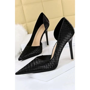Trendy Anka Kadın Siyah 8cm Ince Şeffaf Kapak Topuklu Kroko Timsah Yılan Desenli Stiletto Abiye Ayakkabı