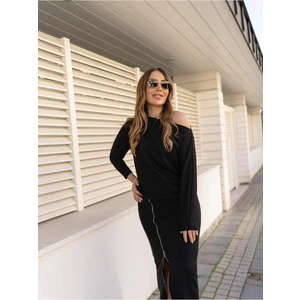 Qimya Butik Eteği Fermuar Detaylı Kayık Yaka Yarasa Uzun Kol Bluzlu Ikili Takım
