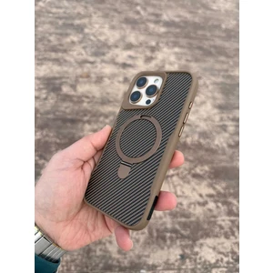 iPhone 13 Gold Pinaple Karbonfiber Standlı Magsafe Telefon Kılıfı
