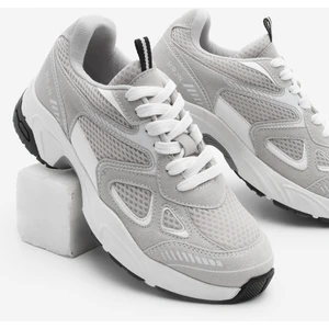 Kadın Sneaker Kalın Taban Bağcıklı File Detaylı Spor Ayakkabı Sargen Gri