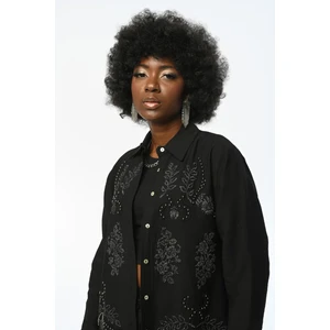 Qimya Butik Orfeo Negro Kadın Kolları ve Nakışlı Boncuk Detaylı Oversize Gömlek