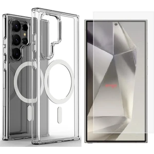 Galaxy S25 Ultra Kılıf Magsafe Şarj Özellikli Şeffaf Sert PC Zore Embos Kapak + Zore Nano Micro Temperli Ekran Koruyucu