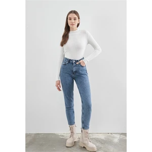 Double Kar Mavi Mom Jeans Likralı Yüksek Bel Kar Yıkamalı Mom Kot Pantolon Ekstra Rahat 2024