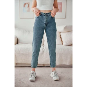Yüksek Bel Mavi Mom Jeans Kar Yıkama Likralı Mom Jeans(1 Beden Büyük Alınız)