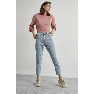 Heidi Kar Mavi Mom Jeans Likralı Yüksek Bel Mavi Kar Yıkamalı Mom Kot Pantolon Likralı Jean