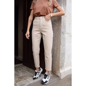 Yüksek Bel Bej Rengi Mom Jeans Likralı Esnek Kot Pantolon