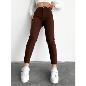 Kahverengi Mom Jeans Likralı Yüksek Bel Kahve Mom Kot Pantolon
