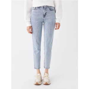 Açık Mavi Mom Jeans Likralı Yüksek Bel Mavi Kar Yıkamalı Mom Kot Pantolon