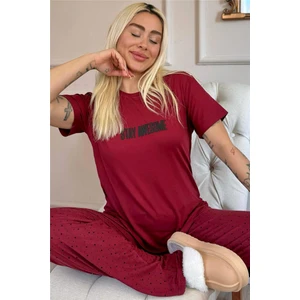 Pijama Evi Bordo Stay Desenli Bambu Kısa Kol Kadın Pijama Takımı