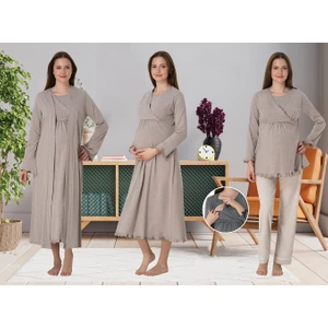 Dvina Effortt Lohusa 4'lü Set - Sabahlık/pijama Takımı/gecelik Bej - 4046