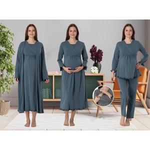 Dvina Effortt Lohusa 4'lü Set - Sabahlık/pijama Takımı/gecelik İndigo - 4046